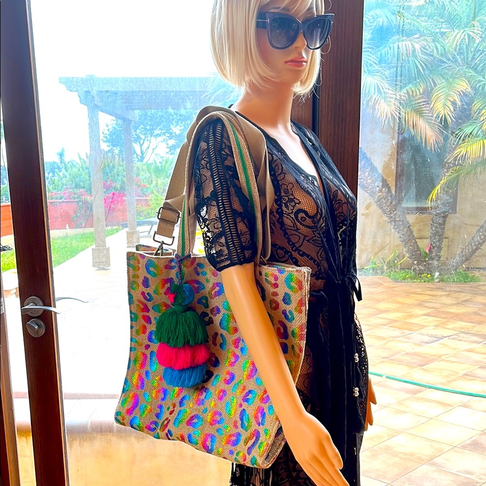 Colorful Tote Bag with Pom Poms